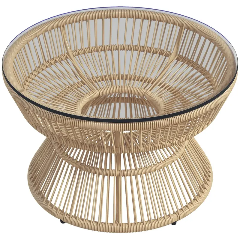 Rattan Outdoor Coffee Table With Tempered Glass Top, Nature Wood 1