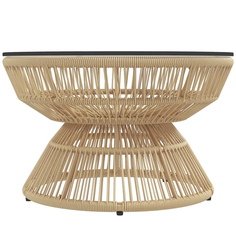 Rattan Outdoor Coffee Table With Tempered Glass Top, Nature Wood 2