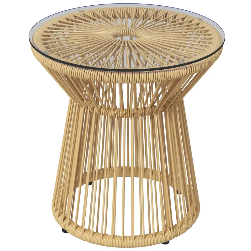 Rattan Round End Table With Hollow Drum Design & Glass Tabletop For Patio, Beige 1