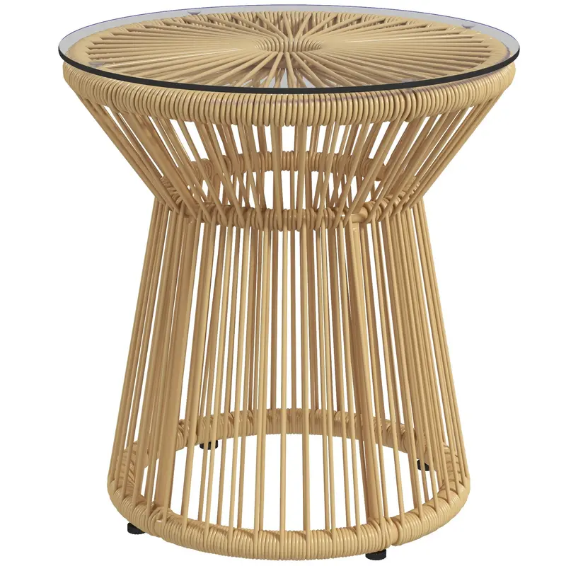 Rattan Round End Table With Hollow Drum Design & Glass Tabletop For Patio, Beige 2