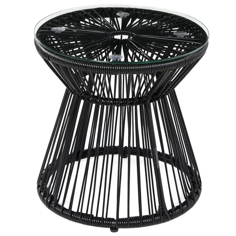 Rattan Round End Table With Hollow Drum Design & Glass Tabletop For Patio, Black 1