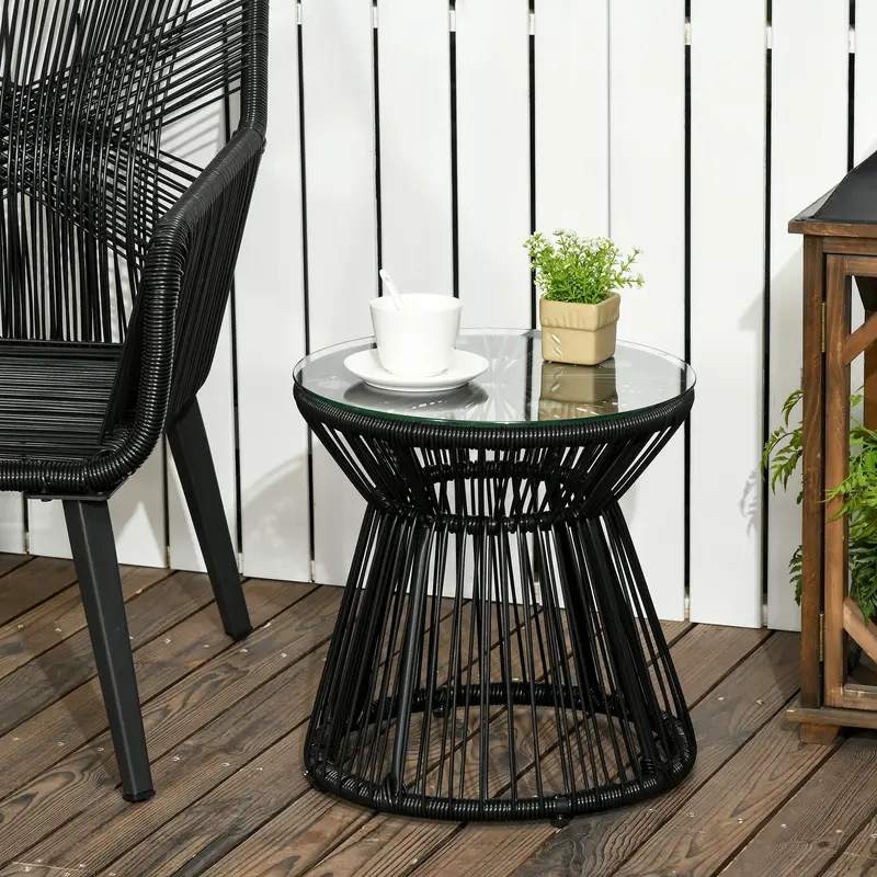 Rattan Round End Table With Hollow Drum Design & Glass Tabletop For Patio, Black 2
