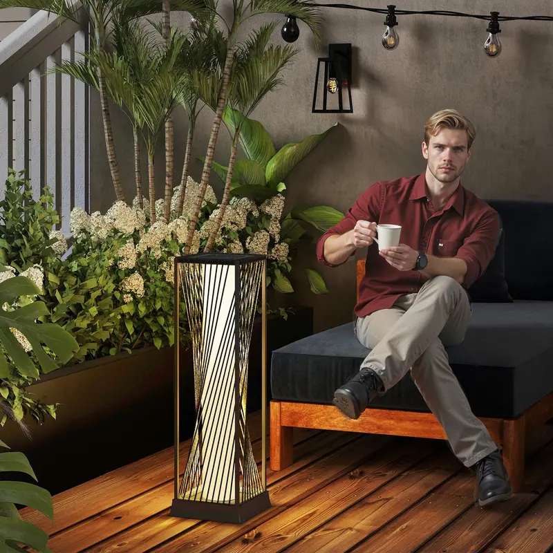 Rattan Solar Floor Lamp With Auto On/Off Led Lights, Grey 2