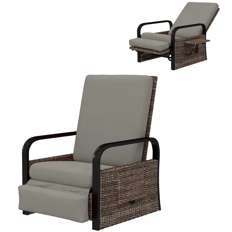 Reclining Outdoor Wicker Lounge Chair W/ Cushion, Adjustable Backrest & Footrest, Light Grey 1