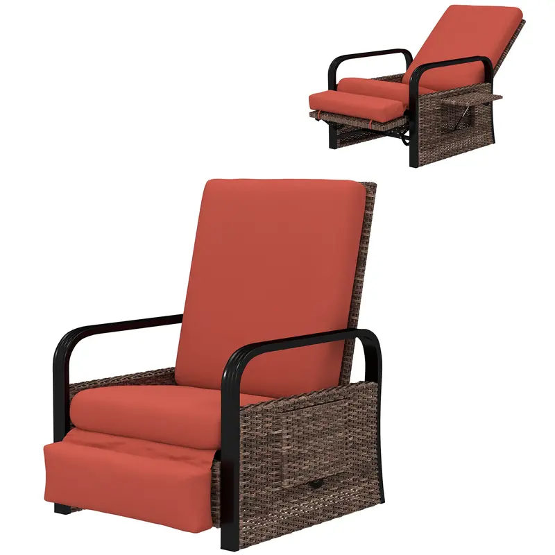Reclining Outdoor Wicker Lounge Chair W/ Cushion, Adjustable Backrest & Footrest, Red 1
