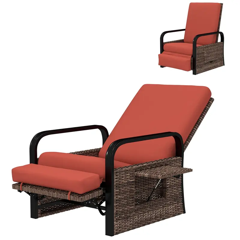 Reclining Outdoor Wicker Lounge Chair W/ Cushion, Adjustable Backrest & Footrest, Red 2