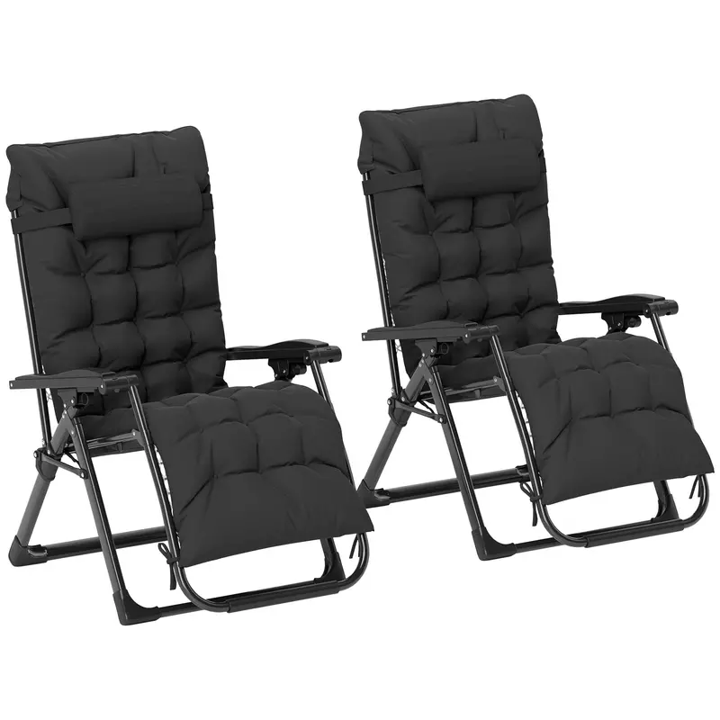 Reclining Zero Gravity Chair Set Of 2, Folding Garden Chairs Set W/ Cushion, Black 1