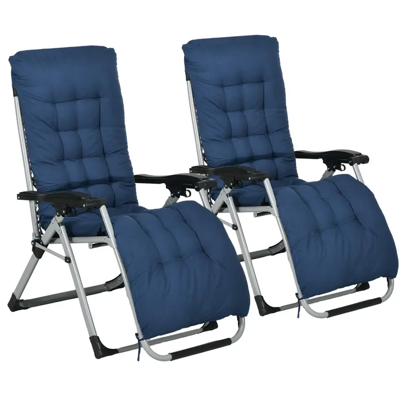 Reclining Zero Gravity Chair Set Of 2, Folding Garden Chairs Set W/ Cushion, Dark Blue 1