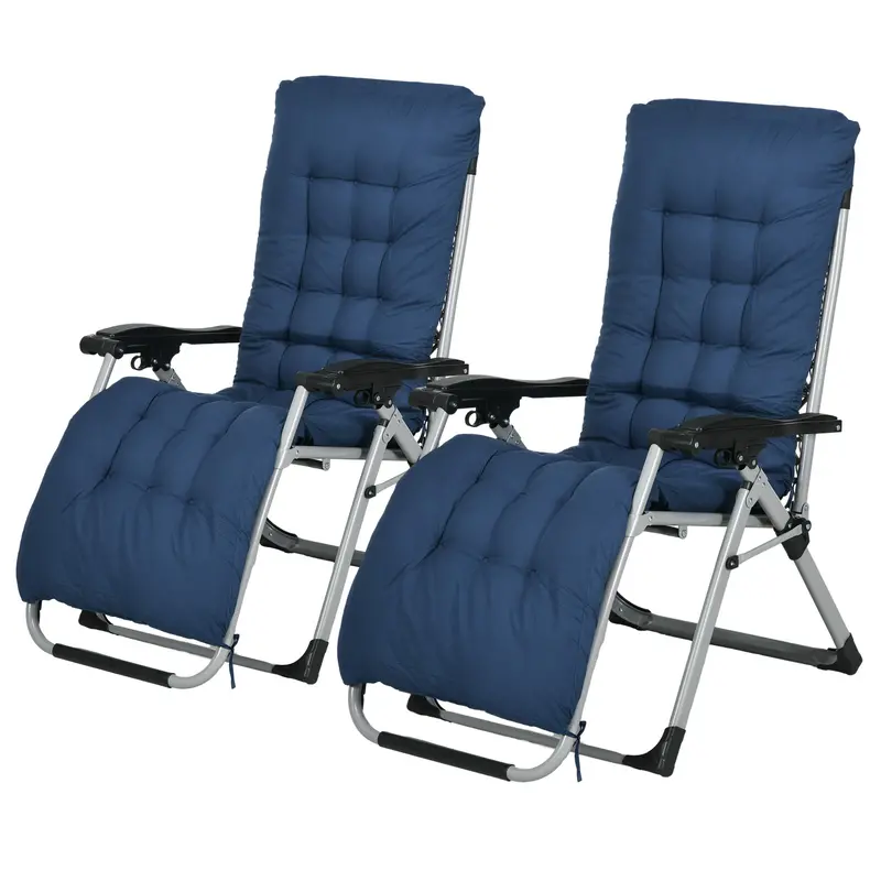 Reclining Zero Gravity Chair Set Of 2, Folding Garden Chairs Set W/ Cushion, Dark Blue 2