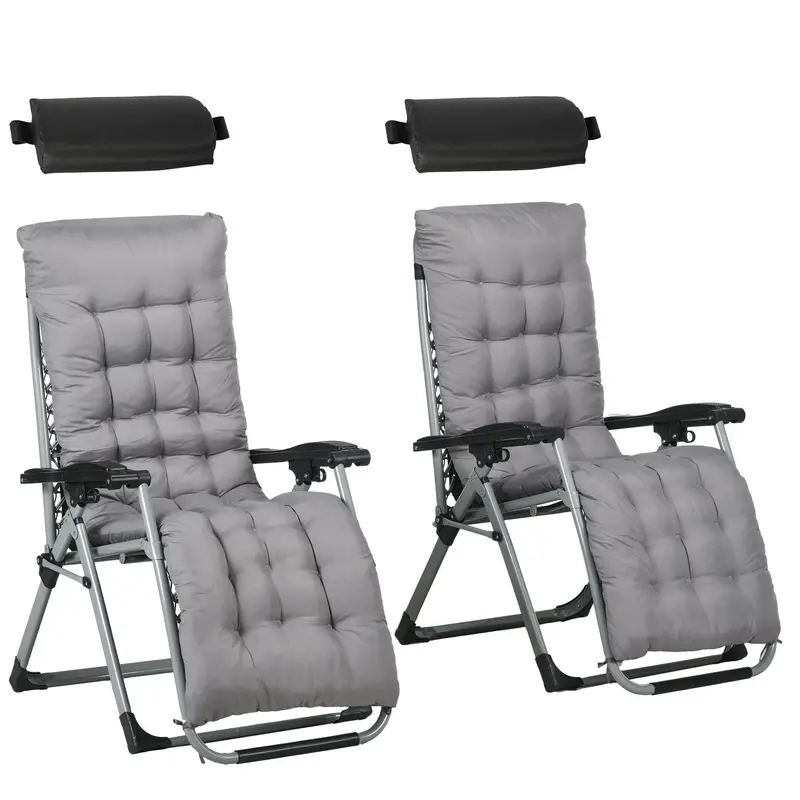 Reclining Zero Gravity Chair Set Of 2, Folding Garden Chairs Set W/ Cushion, Dark Grey 1
