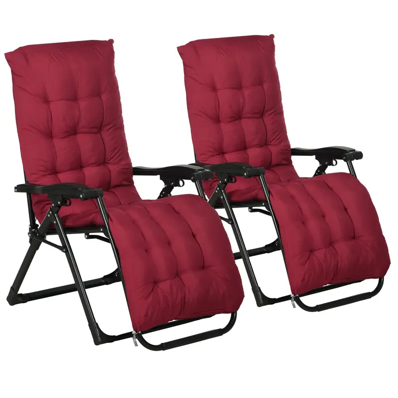 Reclining Zero Gravity Chair Set Of 2, Folding Garden Chairs Set W/ Cushion, Wine Red 1