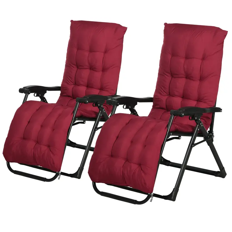Reclining Zero Gravity Chair Set Of 2, Folding Garden Chairs Set W/ Cushion, Wine Red 2