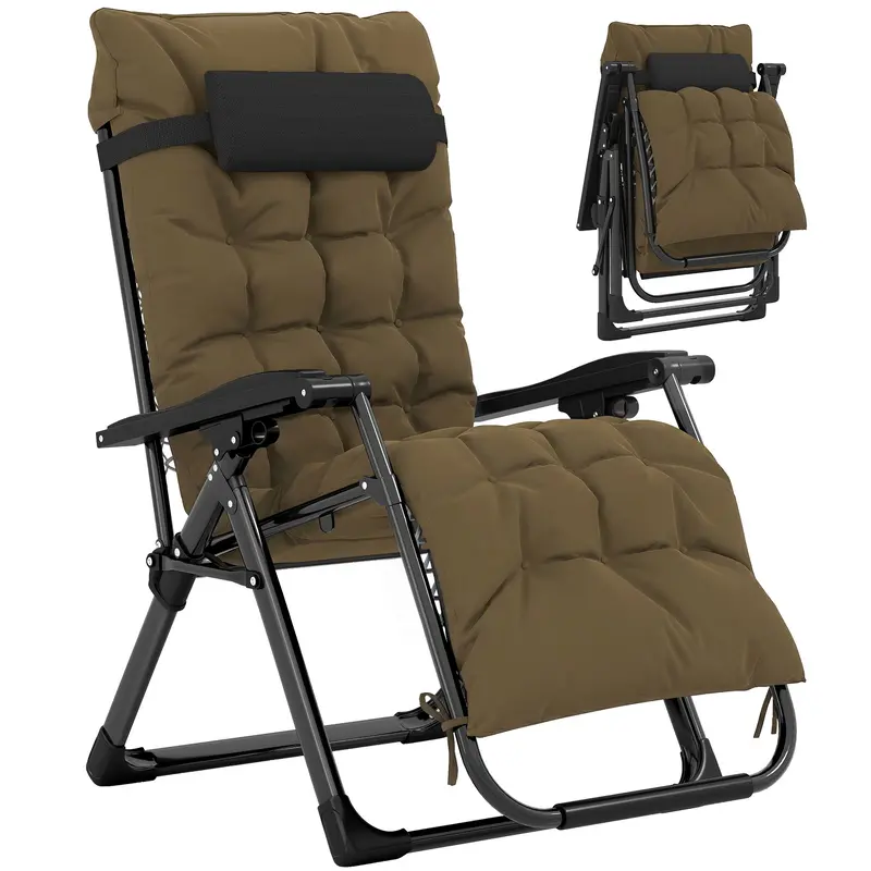 Reclining Zero Gravity Chair With Cushion And Headrest, Khaki 1