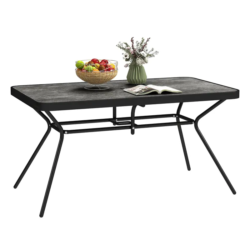 Rectangle Outdoor Dining Table For 6, With 1.7" Umbrella Hole & Easy Clean Tabletop, Grey 1