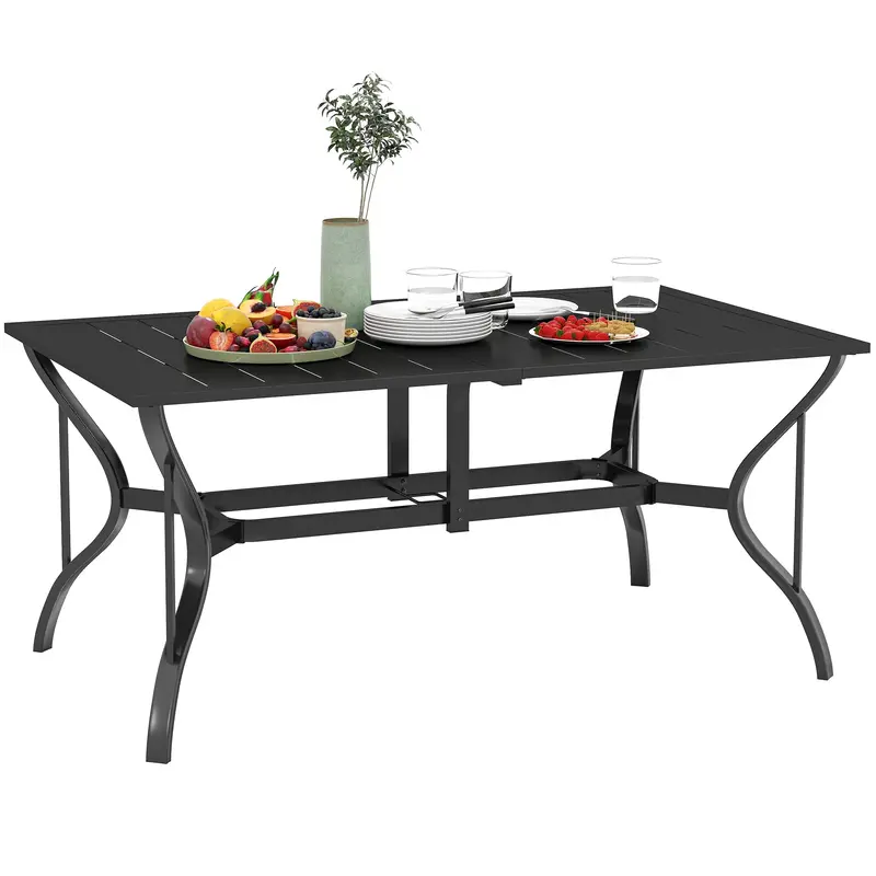 Rectangle Steel Patio Dining Table For 6, Outdoor Dining Table With Umbrella Hole, Black 1