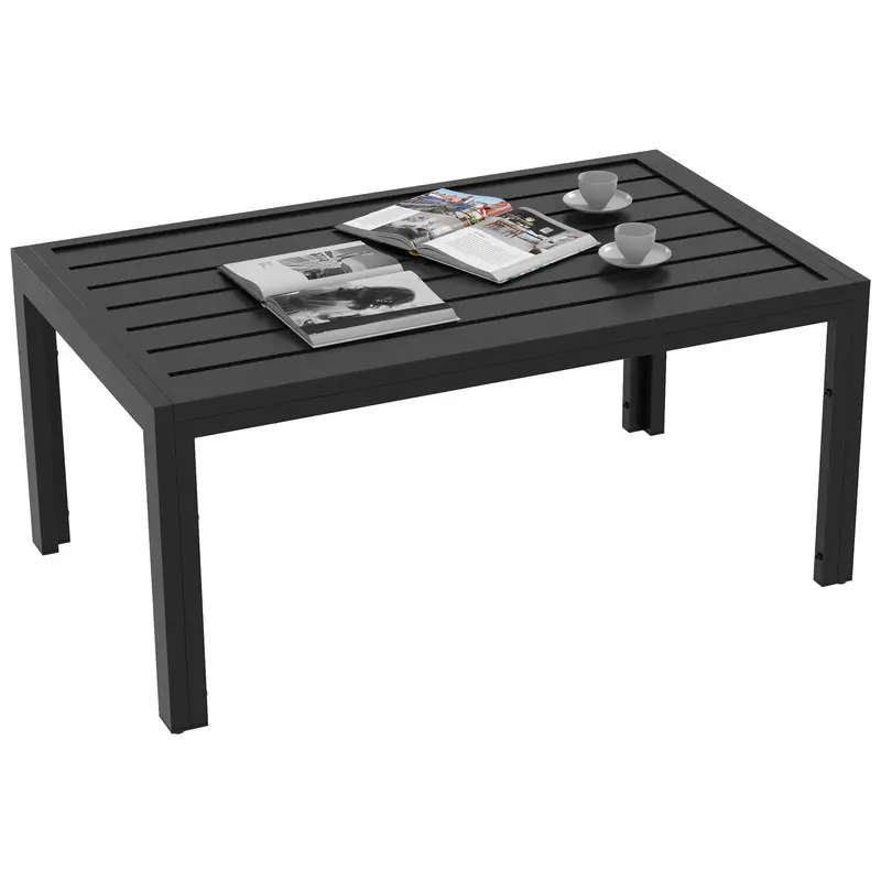 Rectangular Patio Side Table With Steel Frame & Slat Tabletop For Garden, Balcony, Black 1