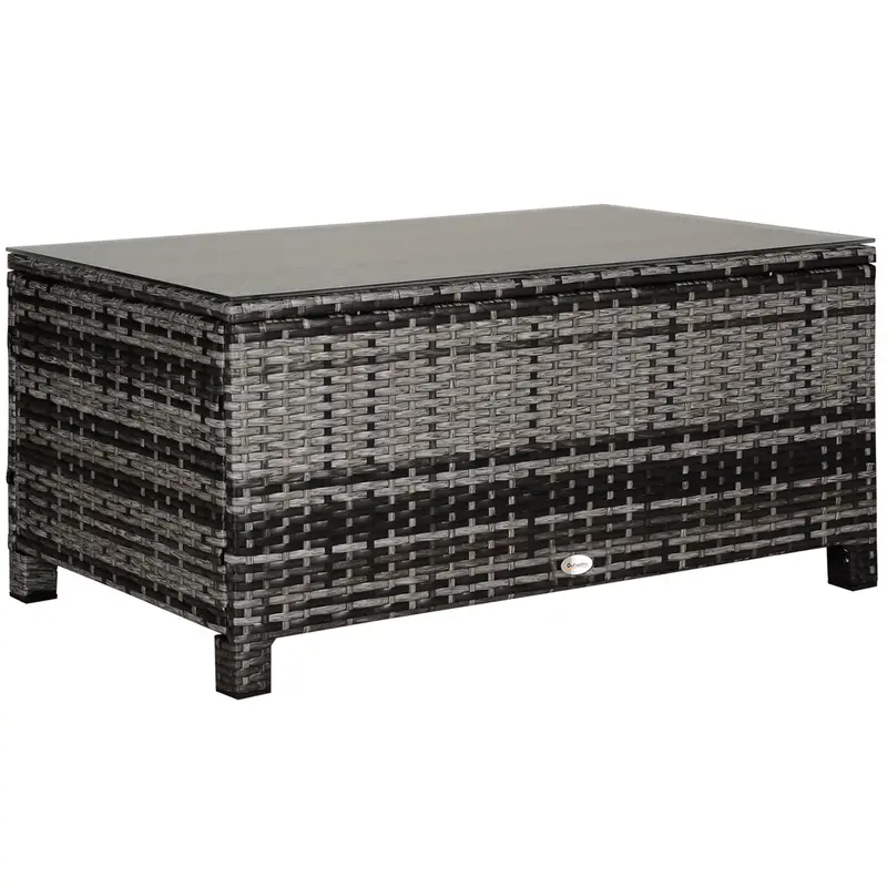 Rectangular Rattan Wicker Coffee Table With Tempered Glass Top & Anti-Slip Footing, Mixed Grey 1