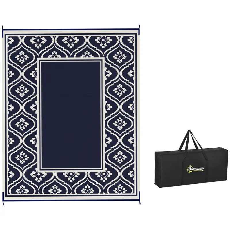 Reversible Outdoor Rv Rug With Carry Bag, 8' X 10' Patio Floor Mat, Plastic Straw Rug For Backyard, Deck, Picnic, Beach, Camping, Gourd Border, Blue And White 1