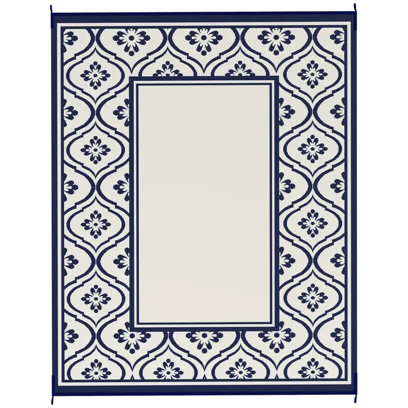 Reversible Outdoor Rv Rug With Carry Bag, 8' X 10' Patio Floor Mat, Plastic Straw Rug For Backyard, Deck, Picnic, Beach, Camping, Gourd Border, Blue And White 2