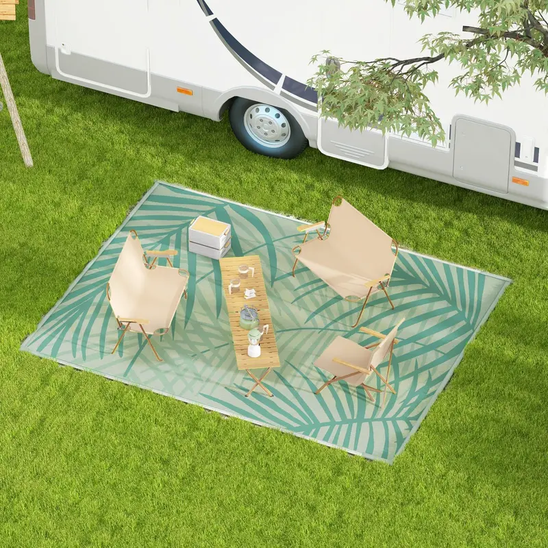 Reversible Rug With Carry Bag, 9' X 12' Waterproof Portable Rv Camping Carpet, Green & Cream 1
