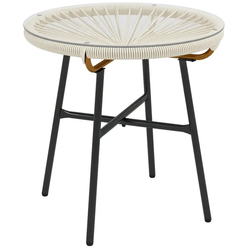 Round Rattan Side Table With Tempered Glass Top, Cream White 1