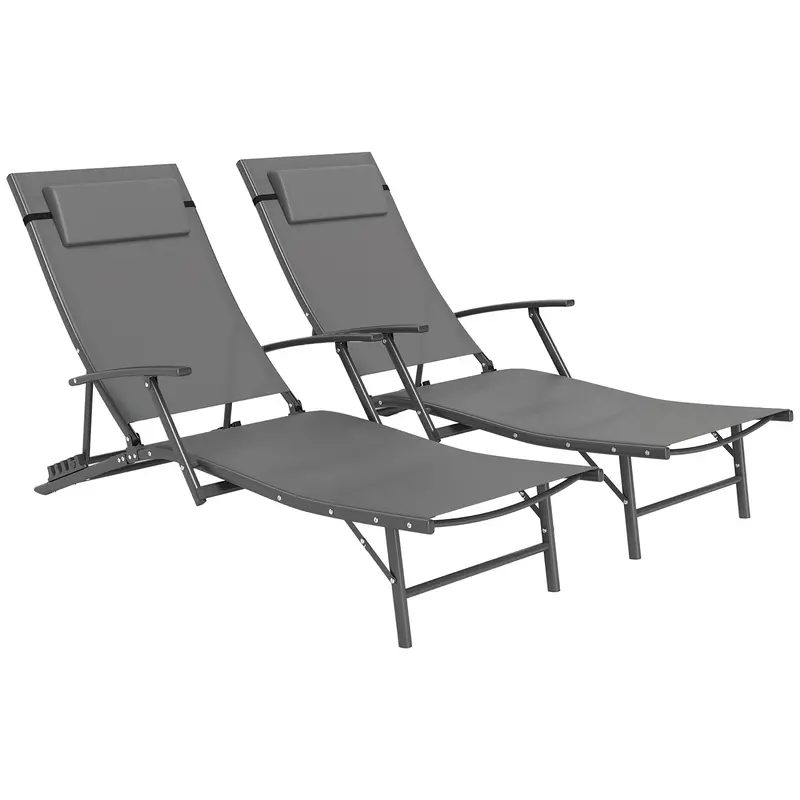 Set Of 2 Chaise Folding Tanning Chair With Pillow, Outdoor Sun Lounger For Patio, Grey 1