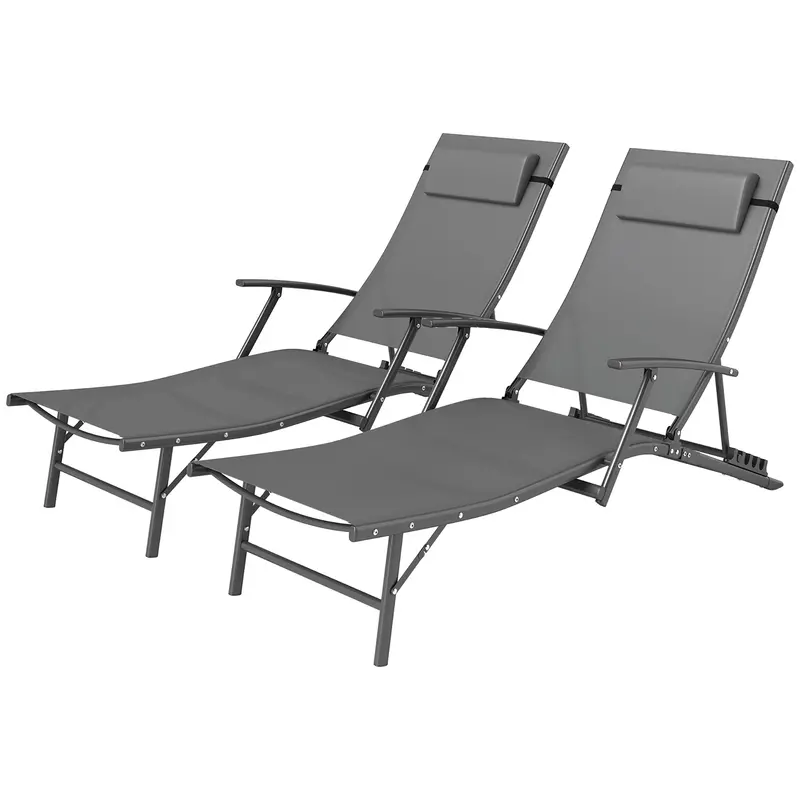 Set Of 2 Chaise Folding Tanning Chair With Pillow, Outdoor Sun Lounger For Patio, Grey 2