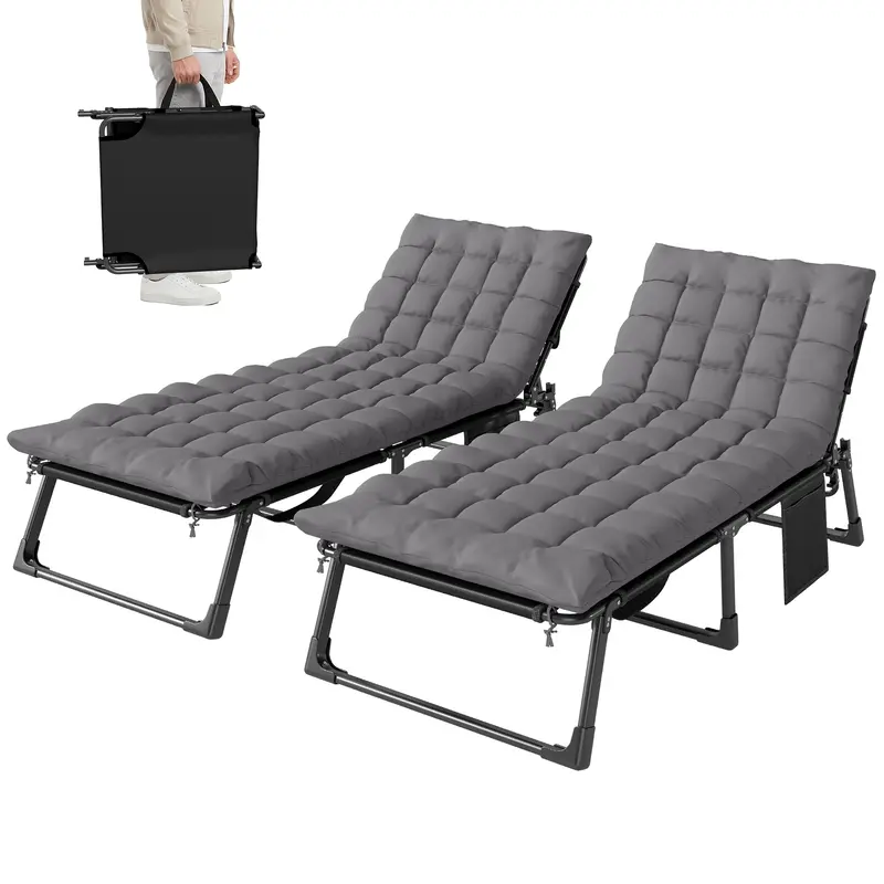 Set Of 2 Folding Lounge Chairs, 75 Cm Wide With Cushion And Side Pocket, Dark Grey 1