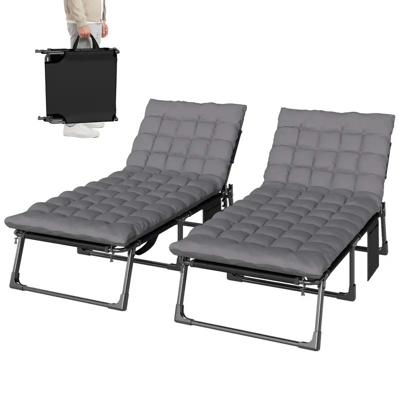Set Of 2 Folding Lounge Chairs, 75 Cm Wide With Cushion And Side Pocket, Dark Grey 2
