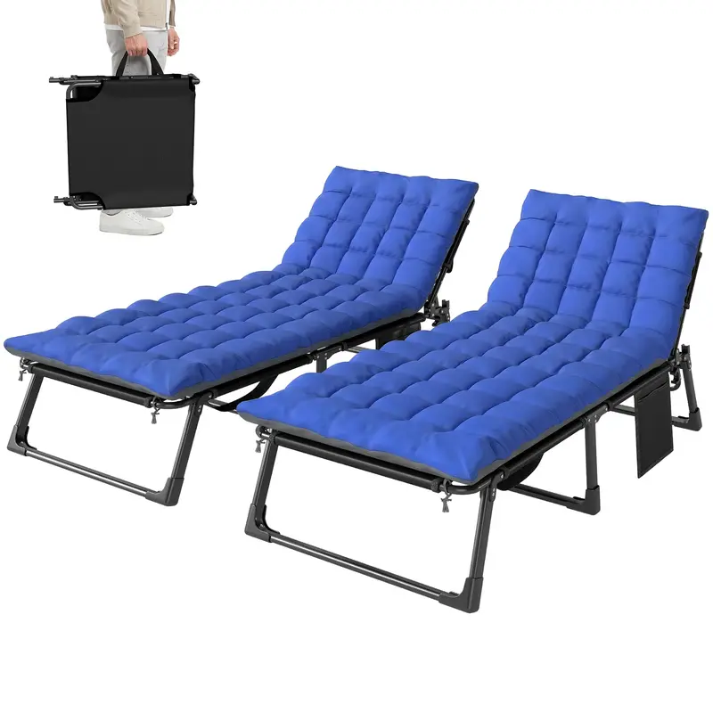 Set Of 2 Folding Lounge Chairs, 75 Cm Wide With Cushion And Side Pocket, Dark Grey/Blue 1