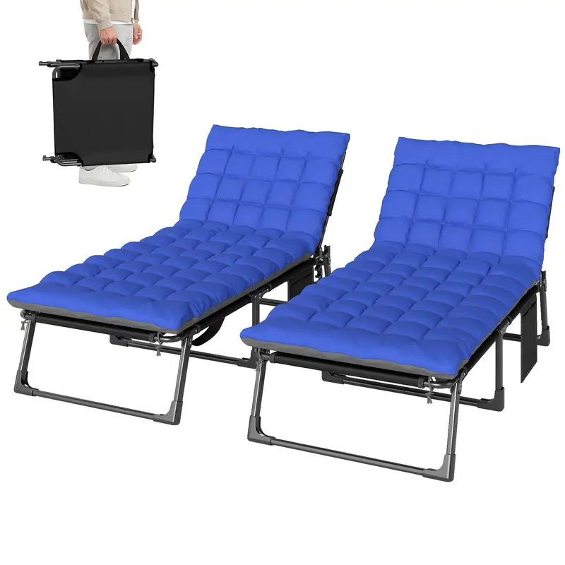 Set Of 2 Folding Lounge Chairs, 75 Cm Wide With Cushion And Side Pocket, Dark Grey/Blue 2