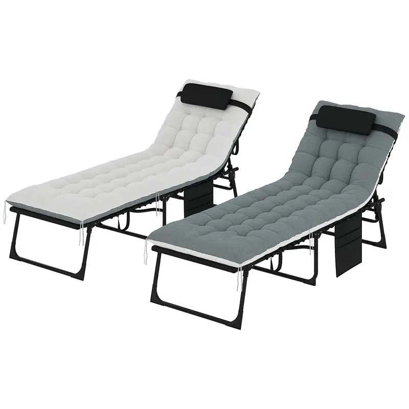 Set Of 2 Folding Lounge Chairs With Cushion And Side Pocket, Black/Grey 1