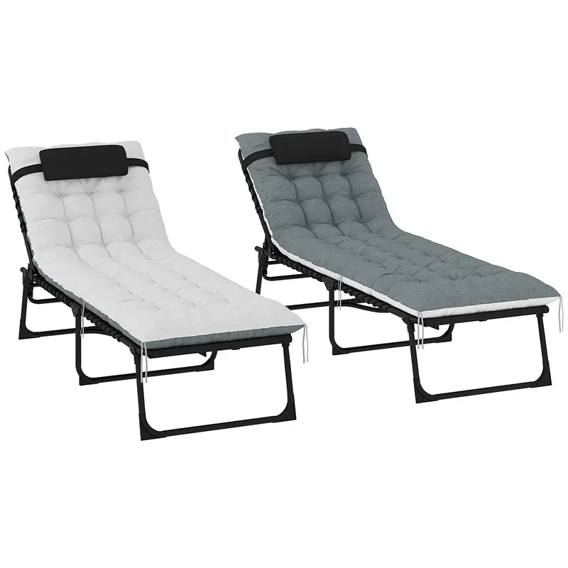 Set Of 2 Folding Lounge Chairs With Cushion And Side Pocket, Black/Grey 2
