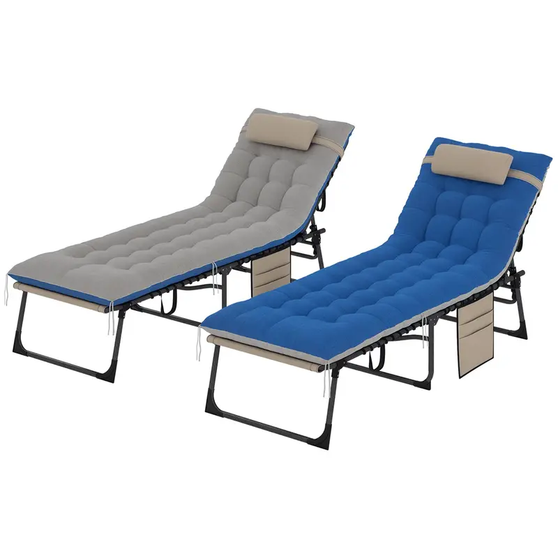 Set Of 2 Folding Lounge Chairs With Cushion And Side Pocket, Brown/Blue 1