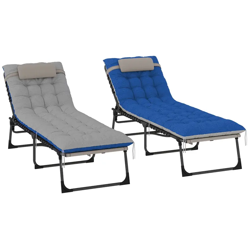 Set Of 2 Folding Lounge Chairs With Cushion And Side Pocket, Brown/Blue 2