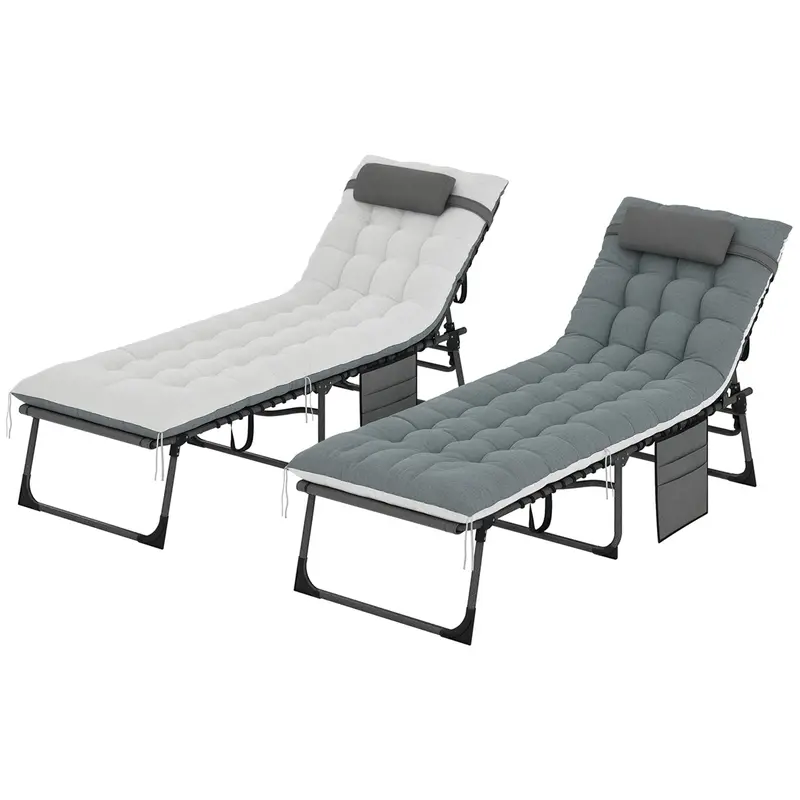 Set Of 2 Folding Lounge Chairs With Cushion And Side Pocket, Grey 1
