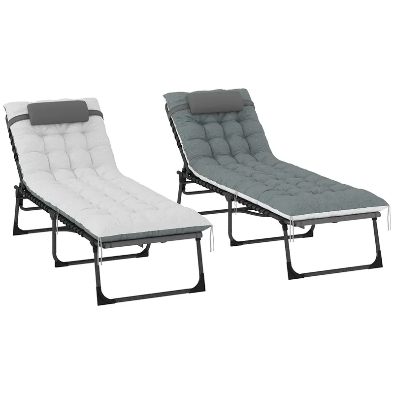 Set Of 2 Folding Lounge Chairs With Cushion And Side Pocket, Grey 2