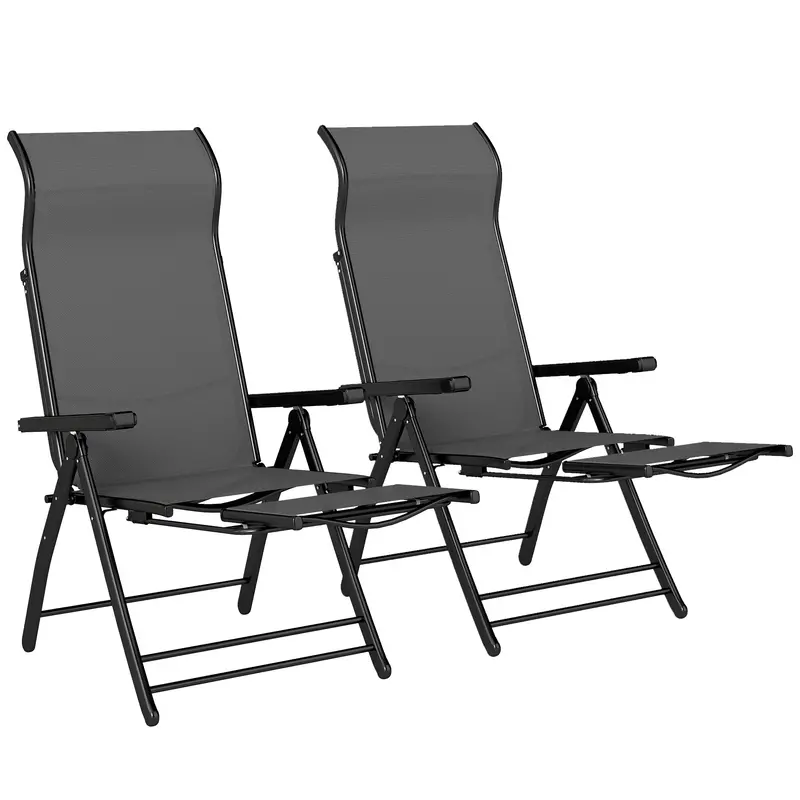 Set Of 2 Folding Patio Chairs With Footrest And 5-Position Recline, Dark Grey 1
