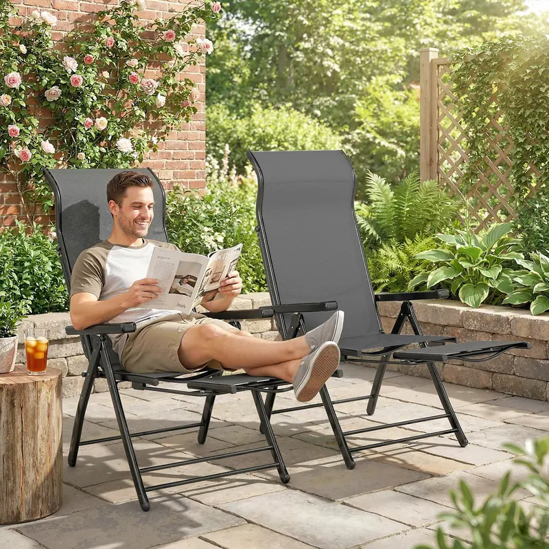 Set Of 2 Folding Patio Chairs With Footrest And 5-Position Recline, Dark Grey 2