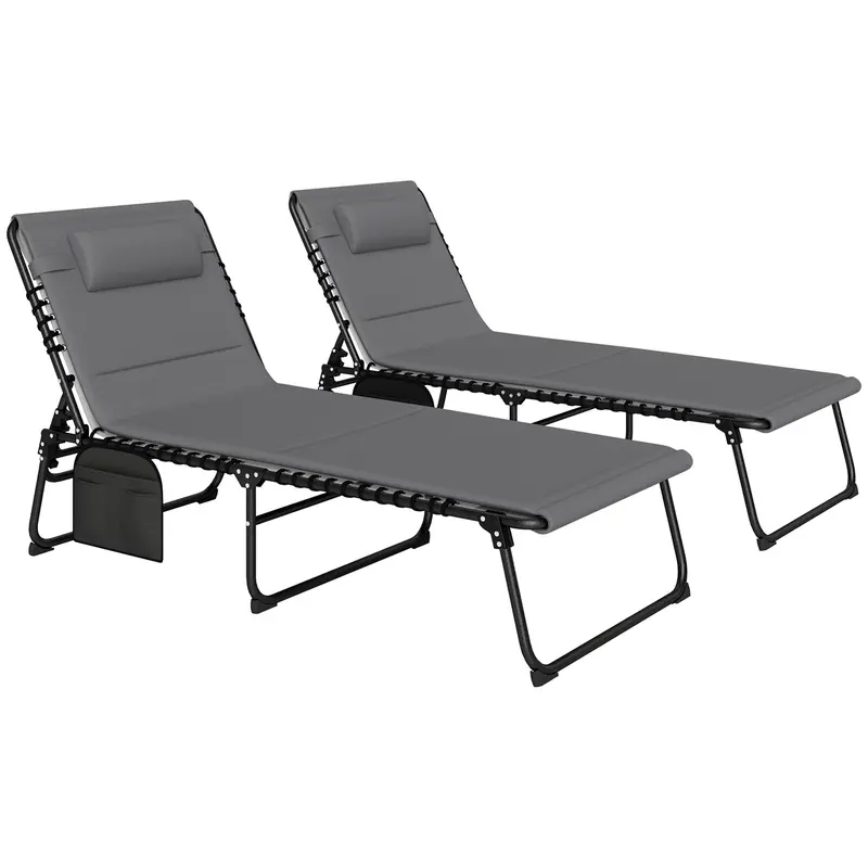Set Of 2 Outdoor Folding Chaise Lounge Chair With Headrest & Side Pocket, Light Grey 1
