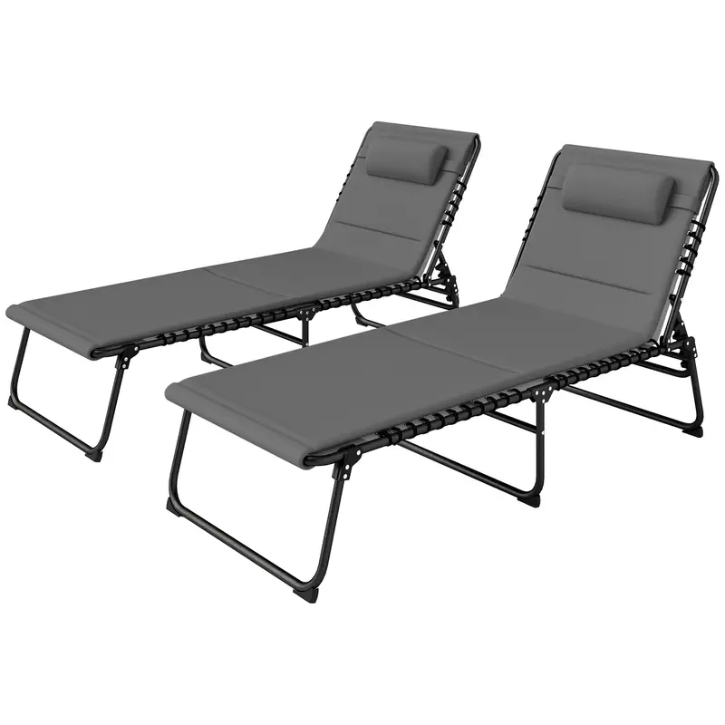 Set Of 2 Outdoor Folding Chaise Lounge Chair With Headrest & Side Pocket, Light Grey 2