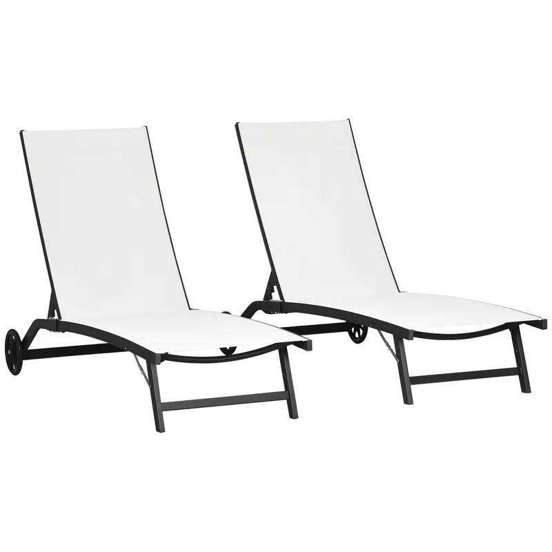 Set Of 2 Outdoor Lounge Chairs With Wheels And Mesh Seat, Cream White 1