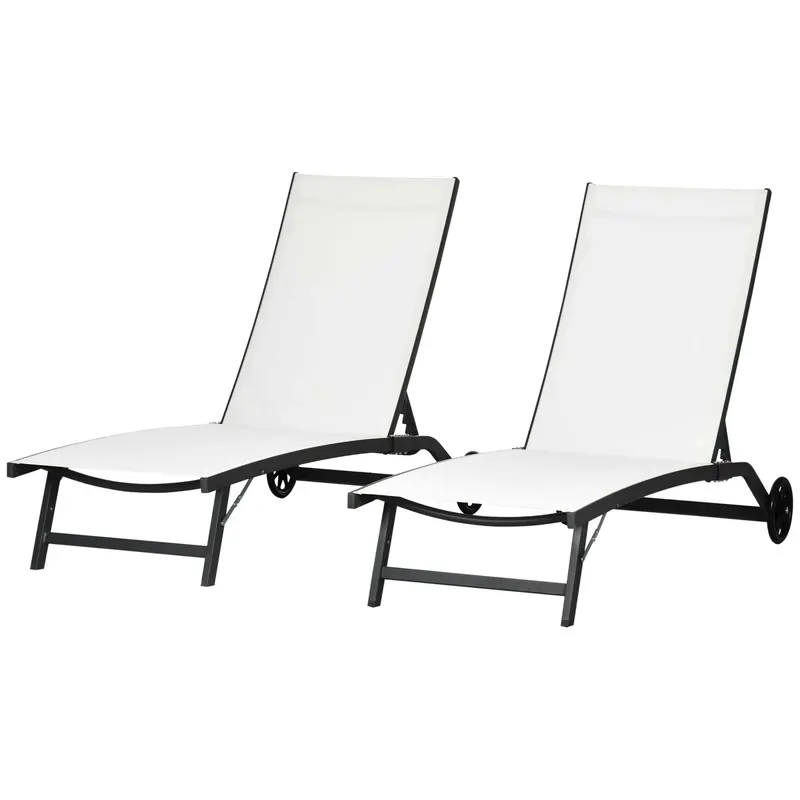 Set Of 2 Outdoor Lounge Chairs With Wheels And Mesh Seat, Cream White 2