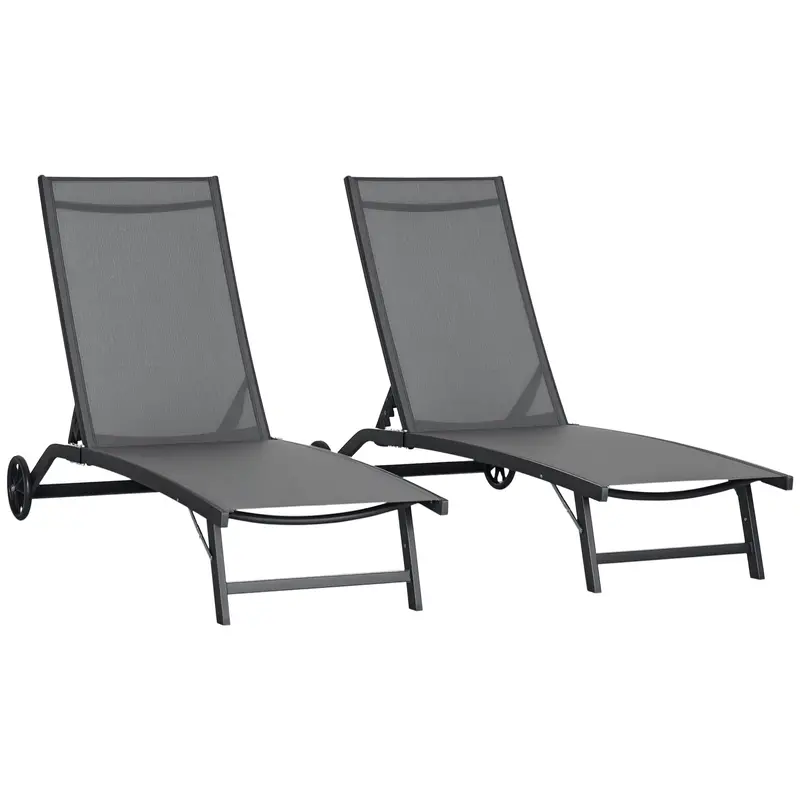 Set Of 2 Outdoor Lounge Chairs With Wheels And Mesh Seat, Dark Grey 1