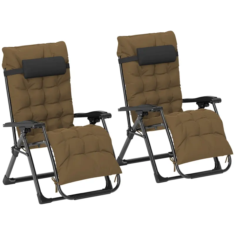 Set Of 2 Reclining Zero Gravity Chairs With Cushion, Khaki 1