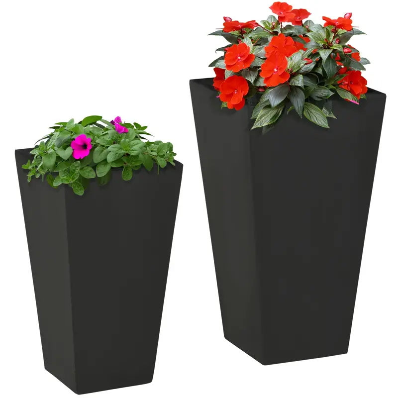 Set Of 2 Tall Planters, 22"/18", With Drainage Holes, Black 1