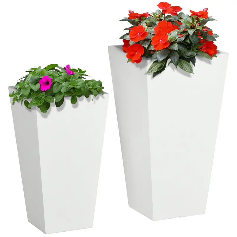 Set Of 2 Tall Planters, 22"/18", With Drainage Holes, White 1