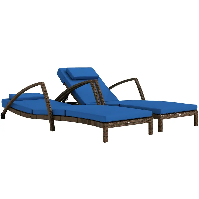 Set Of 2 Wicker Chaise Lounger  With 5 Adjustable Back, Wheels, Cushion & Armrests, Blue 1