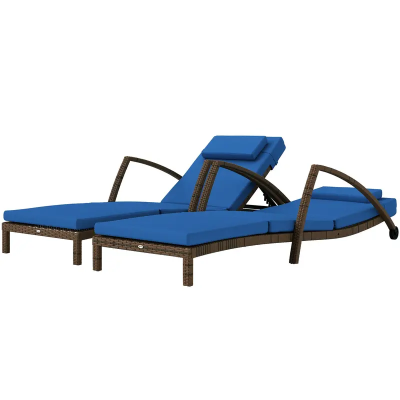 Set Of 2 Wicker Chaise Lounger With 5 Adjustable Back, Wheels, Cushion & Armrests, Blue 2