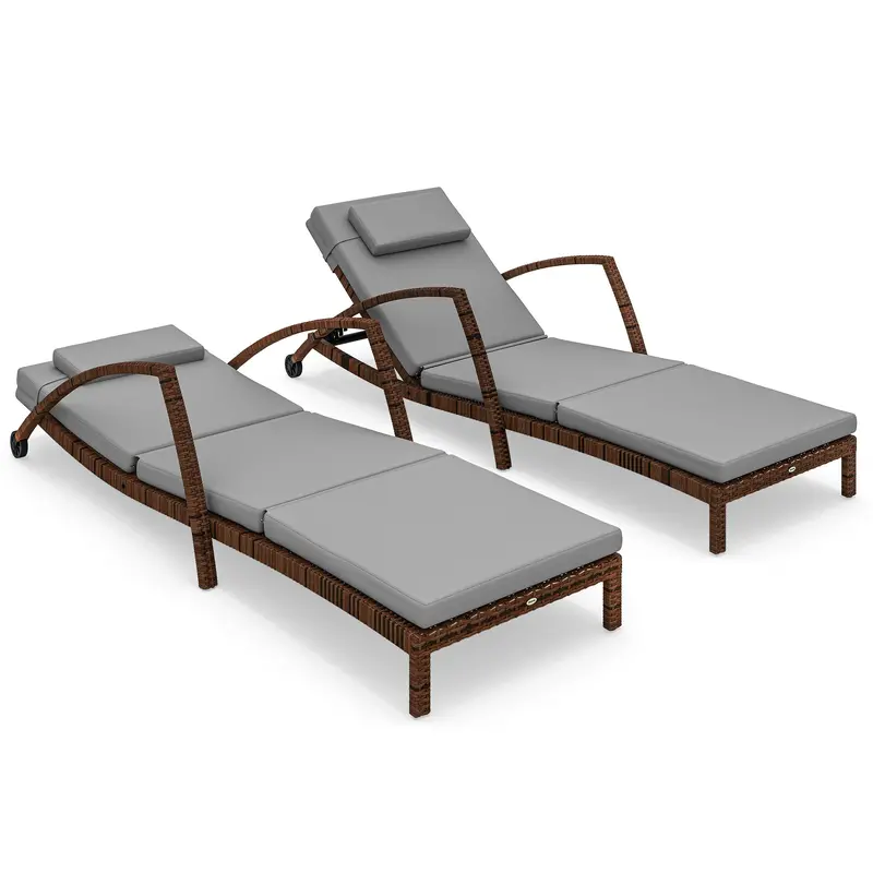 Set Of 2 Wicker Chaise Lounger  With 5 Adjustable Back, Wheels, Cushion & Armrests, Grey 1